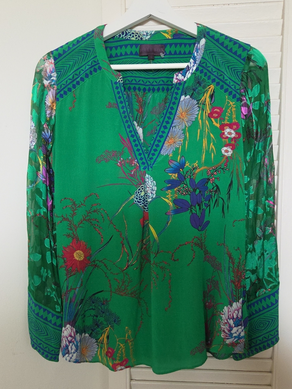 Silk Hale Bob Bright Vibrant Emerald Green Floral V-Neck Blouse Bohemian size S